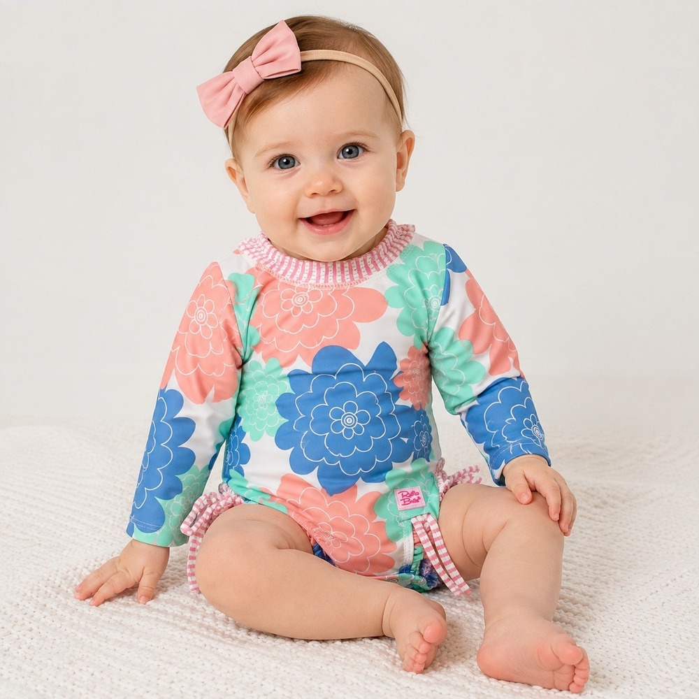 Ruffle Butts Baby Girls Rash Guard Swimsuit Long Sleeve Floral Print Size 0-3M